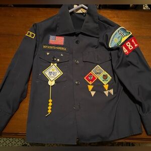 Official Boy Scouts of America Navy Uniform Shirt, CAT 845, Sz 8. w patches/pins
